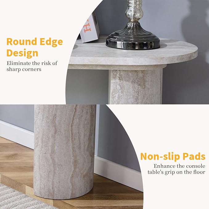 55" Console Table for Entryway, Narrow Sofa Entrance Table with Faux Mars Marble Pattern, Modern Sofa Tables with Rounded Curved Edges for Living Room, Hallway, Foyer, Home Office, Beige