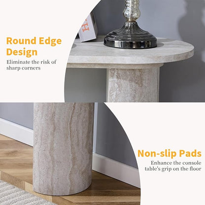 55" Console Table for Entryway, Narrow Sofa Entrance Table with Faux Mars Marble Pattern, Modern Sofa Tables with Rounded Curved Edges for Living Room, Hallway, Foyer, Home Office, Beige