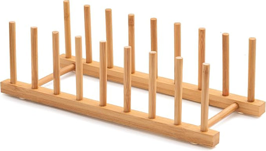 Bamboo Dish Drying Rack for Kitchen Counter and Cabinet, Dish/Book/Plate/Bowl/Cup/Cutting Board/Pot Lid Organizer for Kitchen, Living Room, Study, Display Cabinet (8 Slots)