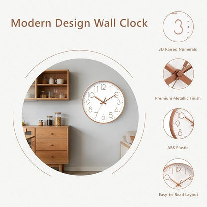DAXSMY Wall Clock - 14 Inch Silent Non-Ticking Modern 3D Wall Clocks Battery Operated - Decorative Clock for Kitchen, Home Office, Bathroom, Bedroom, Living Room(Rose Gold)