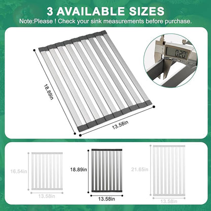 19" X 13" Roll Up Dish Drying Rack，Over The Sink Drying Rack 304 Stainless Steel Foldable Heat-Resistant Dishes Drainer for Kitchen and RV Sink Counter