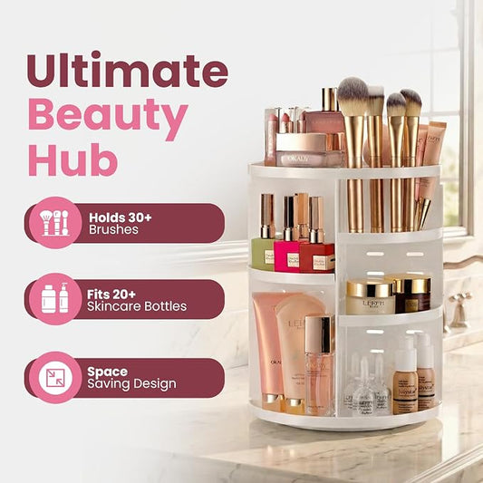 Masirs 360 Rotating Makeup Organizer for Vanity, Adjustable Shelf Height, Large Capacity Cosmetic and Skincare Storage, Lazy Susan Perfume Organizer for Dresser, Bathroom Countertop, White