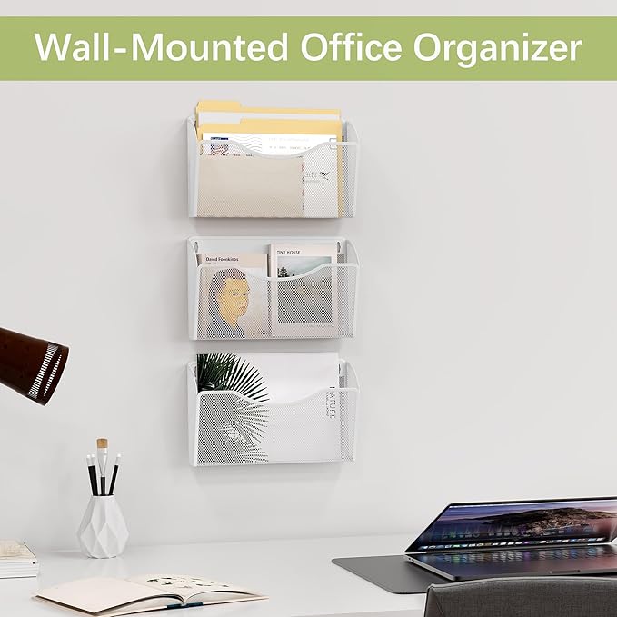 EasyPAG Wall File Organizer 3 Pack, Hanging File Organizer Wall Mount, Metal Mesh Folder Holder for Letter/A4 Papers, Mail Sorter for Office, Classroom, Home, White