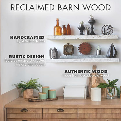 Urban Legacy Reclaimed Barnwood Planks | Floating Shelves for Wall w/Flush Mount Shelf Bracket Set Included | Set of 2 (White Wash, 40"x 4.5"x 2")