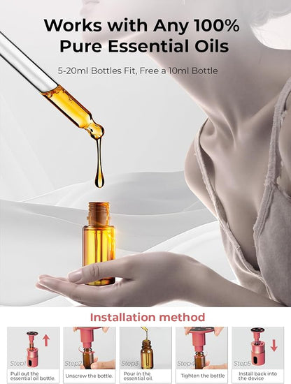 Waterless Essential Oil Diffuser: 𝟗 𝐂𝐨𝐥𝐨𝐫𝐬 𝐋𝐄𝐃 Scent Diffuser for Home&Car&Office - Portable Diffuser with 48H Battery, 4 Timers & 3 Mist Levels, Bright Red