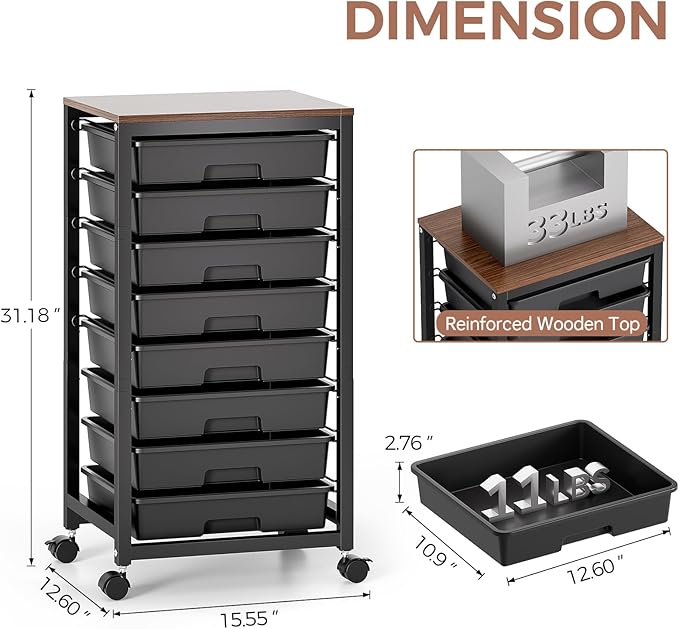 Rolling Storage Cart with Drawers,Utility Cart With 8 Drawers and Wooden Tabletop,Rolling Drawer Cart,Storage Drawer Cart for Living Room,Classroom,Bedroom,Bathroom,Dorm,Office, Black