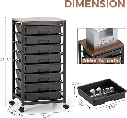 Rolling Storage Cart with Drawers,Utility Cart With 8 Drawers and Wooden Tabletop,Rolling Drawer Cart,Storage Drawer Cart for Living Room,Classroom,Bedroom,Bathroom,Dorm,Office, Black