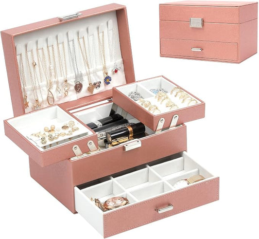 Dajasan Jewelry Organizer Box, Large Jewelry Boxes for Women Girls, Space-Saving 3 Layers Jewelry Storage Case with Drawer, Movable Metal Stand, Modern, Gift Idea (Champagne)