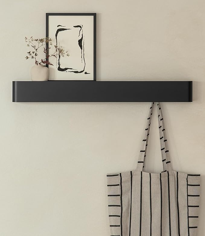 Kazai.® Coat Rack Wall Mount with Shelf 'Tone' | Modern Design Coat Hanger with Hidden Hooks and Storage | Hat Rack with Shelf in Metal | Wall-Mounted Purse Organizer | Black