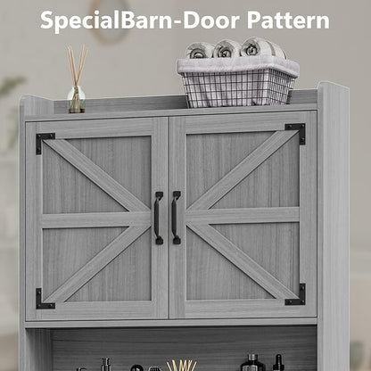 Vabches Over The Toilet Storage Cabinet, Farmhouse Storage Cabinet Over Toilet with Barn Doors & Toilet Paper Holder Stand，Home Space-Saving Toilet Rack, for Restroom/Laundry and Bathroom