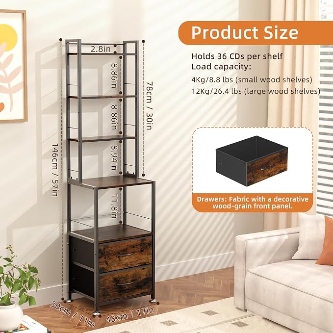 CD Rack and Storage with Two Drawers, 7-Tier DVD Shelf and Rack, CD Storage Tower and Holder for DVDs, Books and Media Games, Movie Collection and Decor, Ideal for Living Room, Home