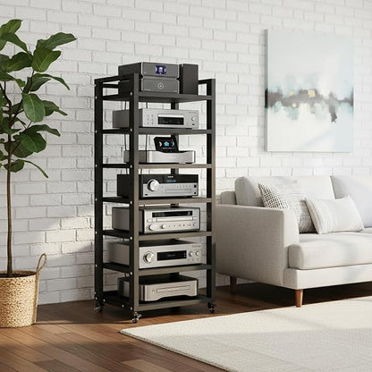 7 Tier AV Media Stand, 55in Audio Rack Tower Stereo Components Cabinet, Home Theatre CD Record Player Stereo Receiver Equipment Rack with Adjustable Wood Shelves, Load 400lbs (Black)