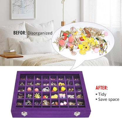 Vicoter Velvet Jewelry Tray 48 Compartments Jewelry Display Organizer with Transparent Cover Rings, Earrings, Necklaces, Pendants Storage Box for Girls, Wives, Mothers, Women