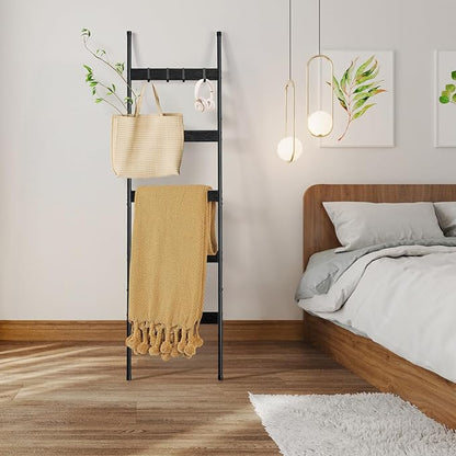 ELYKEN Blanket Ladder for Living Room, Farmhouse 5-Tier Quilt Holder with 4 Removable Hooks for Bathroom, Wood Towel Rack Display, Wall Anchor Leaning Decorative Stand for Home, Black