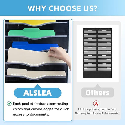 33 Pockets Hanging Wall File Organizer, Sturdy Legal/Letter Size Manila File Folders Organizer, Classroom Pocket Chart with 3 Writable Clear Pockets, 8 Wall/Door Hooks & 36 Labels (Black)
