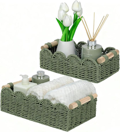 Green Scalloped Edge Baskets with Wood Handle, Set of 2 – Woven Paper Rope Storage Organizer for Living Room, Entryway & Home Décor