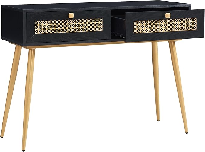 Mid Century Modern Console Table with Drawers, Narrow Sofa Table for Living Room, Entryway and Bedroom, Boho Style, Black