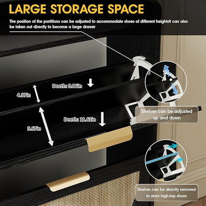 Maupvit Large Rattan Shoe Storage Cabinet with 4 Flip Drawers, Freestanding Shoe Organizer with Metal Legs for Entryway, Hidden Golden Handles, Narrow Shoe Rack Cabinet, Black