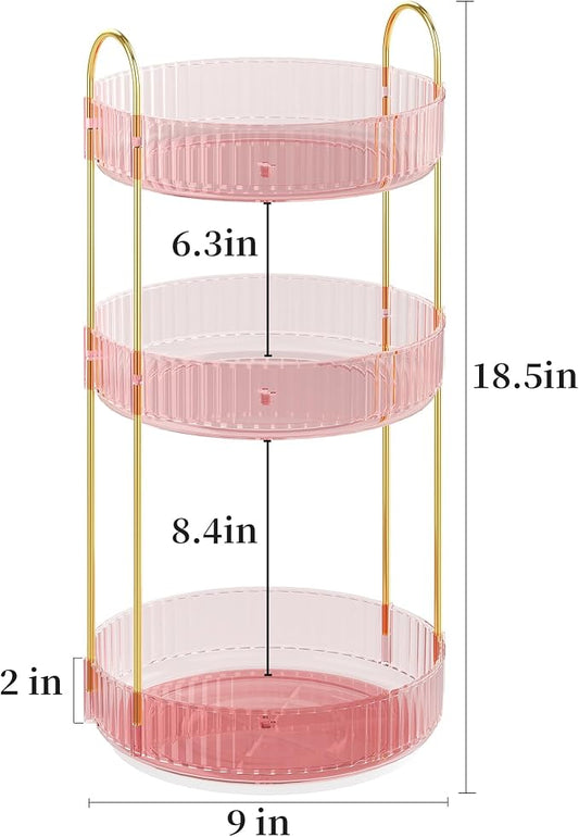 Rotating Makeup Organizer Countertop,Skincare Organizers,Spinning Perfume Tray Stand,Makeup Storage Organizer for Vanity,Bathroom Organizer and Storage,Lazy Susan,3 Tier,Pink