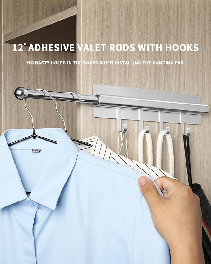 Adhesive Valet Rods for Closets Silvery Closet Valet Rod with Hooks 12 inch valet rod for closet pull out Valet Rods for Closet Storage and Organization Storage Clothes Hanger