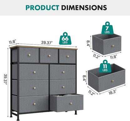 OLIXIS 9 Drawer Storage Dresser with Wood Top - Wide Fabric Chest Organizer for Bedroom, Closet, Living Room,Tower Cabinet, TV Stand, Hallway Entryway Furniture,Gray Blue