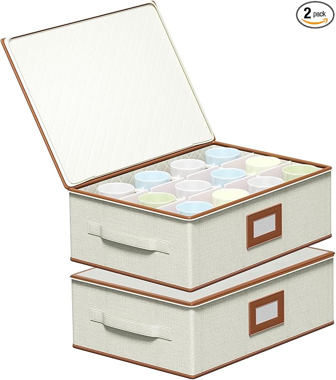 Aokeyee 2-Pack Cup & Mug Storage Box with Dividers, Hard Shell Organizer with Lid, Handles, Zippers & Label Slot, Holds 24 Mugs, Teacups & Glasses, Stackable Containerfor Moving & Protection, Ivory