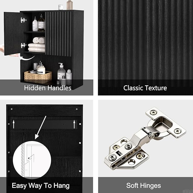Fluted Bathroom Wall Cabinet Over The Toilet Storage,Wall Mounted Cabinet with Adjustable Shelf,Floating Cabinet Organizer Hanging Cabinet,Kitchen and Laundry Room Cabinets (Black, 1 PC)