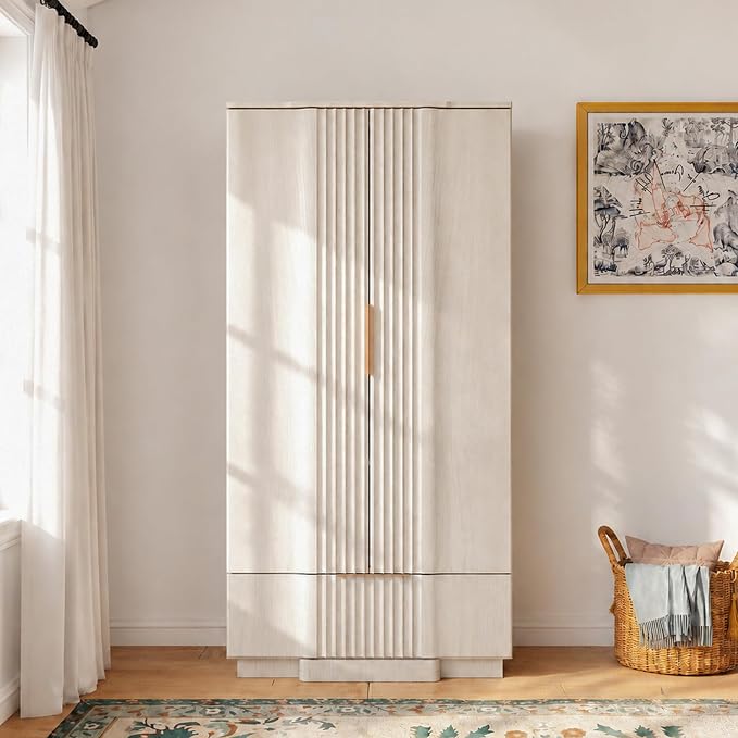 Yechen 67" Fluted Armoire Wardrobe Closet with Doors and Drawer, Wooden Wardrobe Cabinet with Adjustable Shelve, Modern Small Armoires for Hanging Clothes Coats for Bedroom, White Grey