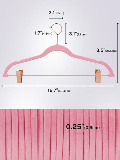 HOUSE DAY Velvet Skirt Hangers 24 Pack, Non Slip Pants Hangers with Rose Gold Clips, Ultra Thin Velvet Hanger Space Saving, Heavy-Duty Clothes Hanger for Trouser, Jeans, Dresses, Coats (Pink)