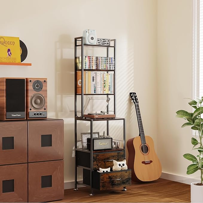 CD Rack and Storage with Two Drawers, 7-Tier DVD Shelf and Rack, CD Storage Tower and Holder for DVDs, Books and Media Games, Movie Collection and Decor, Ideal for Living Room, Home