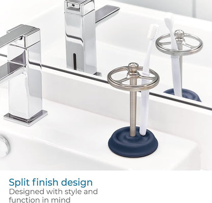 iDesign 3-Section Toothbrush Holder for Bathroom - Toothbrush Stand for Countertop, Navy/Brushed Nickel