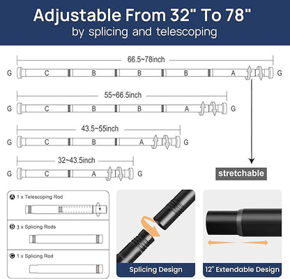 ENJOYBASICS 2 Pack Adjustable Spring Tension Curtain Rods 32 to 78 Inches, Stainless Steel Matte Black Shower Rod No Drilling for Window, Bathroom, Closet, Room Divider, 7/8" Diameter