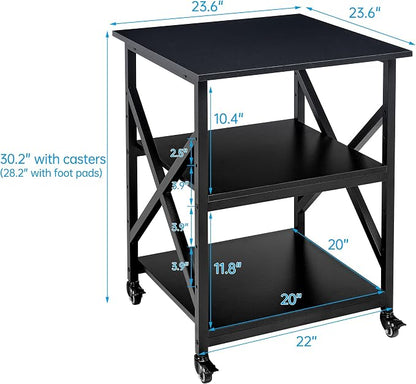 Fannova Printer Stand, 23.6 x 23.6 x 30.1 Inches Large Square Printer Table with Height Adjustable Storage Shelf, 3 Tier Rolling Printer Cart with Industrial Wheels for Home Office - Black