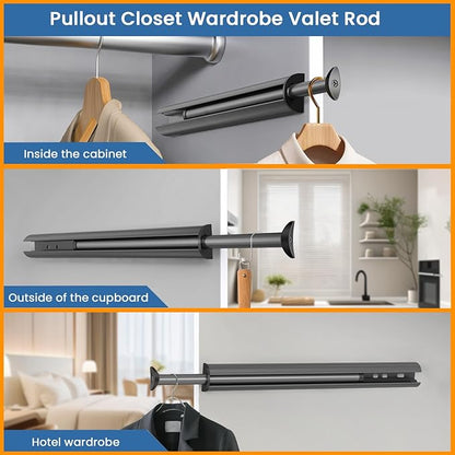 Valet Rod 14-Inch，Tenovel Pull-Out Closet Clothes Rust-Free Closet Hanging Clothes Hat Rack Rod -Gunmetal Gray