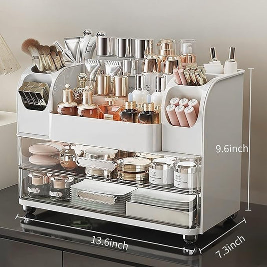 Makeup Organizer with Drawers for Vanity,Bathroom Countertop Organizer with Brushes Holder,Skincare Storage Organizer,Perfect Cosmetic Display Case for Skincare,Lipstick and Beauty Essential (White)