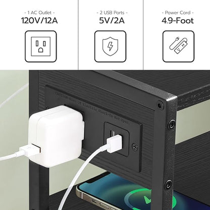 HOOBRO Small Narrow Side Table with Charging Station, Skinny End Table for Small Spaces, Slim Nightstand with USB Ports Outlet, Sofa Beside Table with Storage Shelf, Black BB102UBZ01
