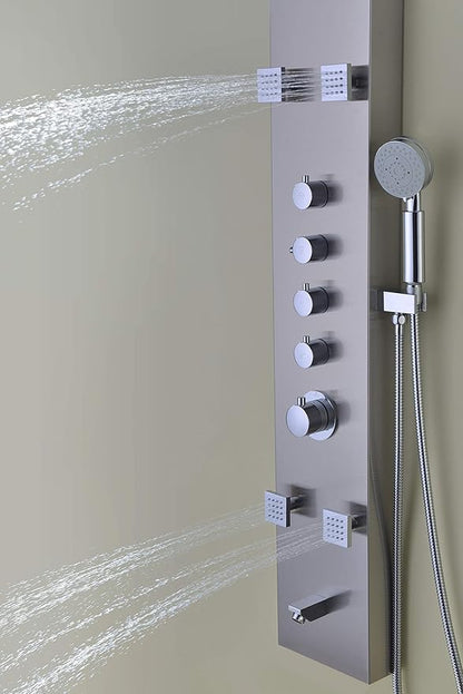 ANZZI Shower Head Panel Tower, Echo Brushed Steel Stainless Steel Metal, 4 Turbo Jetted & Multi Functional, High Pressure Jet + Rainfall + Handheld Wand Attachment Combo, Wall Mount (SP-AZ022)