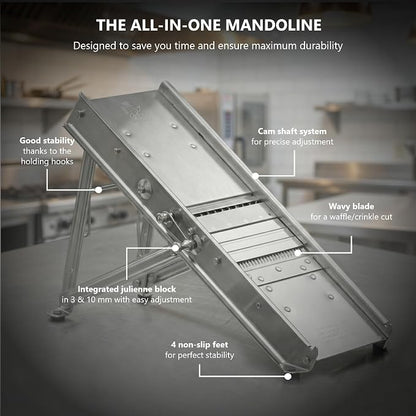 Bron Coucke – Professional Stainless Steel Mandoline with Protective Carriage – 2 Integrated Cutting Blade Units (3 mm & 10 mm) – Smooth & Corrugated Blades – Adjustable – Multi-Function