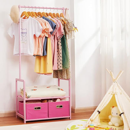 Kids Clothing Rack Bamboo with 2 Storage Baskets and 2 Adjustable Hanging Rods,Child Garment Holder with Shelf, Dress up Stand for Playroom,Toddlers Bedroom (Pink)
