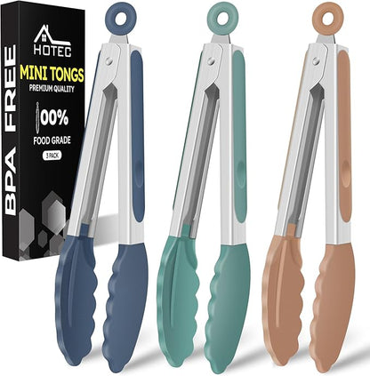 Hotec Mini Silicone Kitchen Tongs for Cooking - 7-Inch Small Serving Tongs with Silicone Tips, Set of 3 (Neutral)