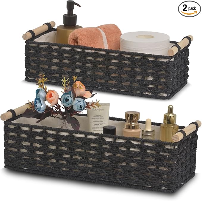 Toilet Paper Baskets for Organizing[2 pack],Paper Rope Wicker Storage Basket with Handle, Bathroom Basket for Bedroom,Living Room.Nursery, (black)