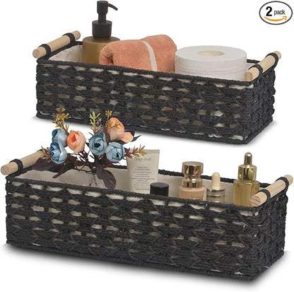 Toilet Paper Baskets for Organizing[2 pack],Paper Rope Wicker Storage Basket with Handle, Bathroom Basket for Bedroom,Living Room.Nursery, (black)