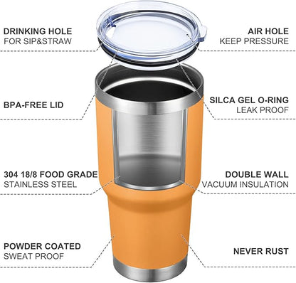 MEWAY 30oz Insulated Tumbler With Lids and Straws,Stainless Steel Double Vacuum Coffee Tumbler Cup, Brush, Durable Powder Coated Coffee Cup for Cold & Hot Drinks, Office, Travel(Orange,4 PACK)