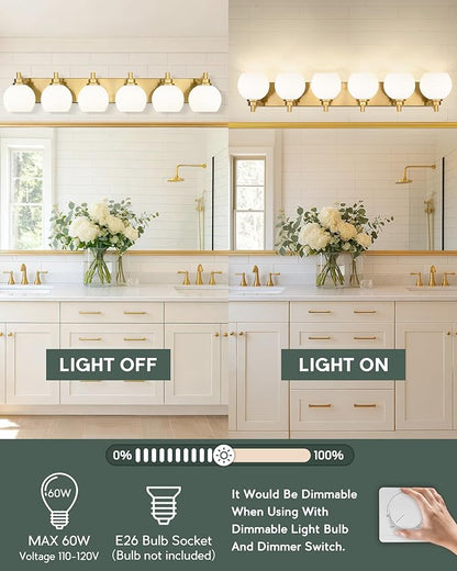 Bathroom Light Fixtures, 6-Light Brushed Gold Bathroom Vanity Lights Over Mirror with Globe Milk White Glass Shade, 38 Inch Modern Vanity Lighting Fixtures, VL195-BG-ML-6