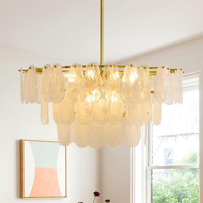 Modern Gold Chandeliers for Living Room: 31.5" Round Luxury Cloud Glass Pendant Lights - 3 Tier Crystal Hanging Light Fixture - Large Chandelier for High Ceilings Dining Room Bedroom Kitchen Staircase