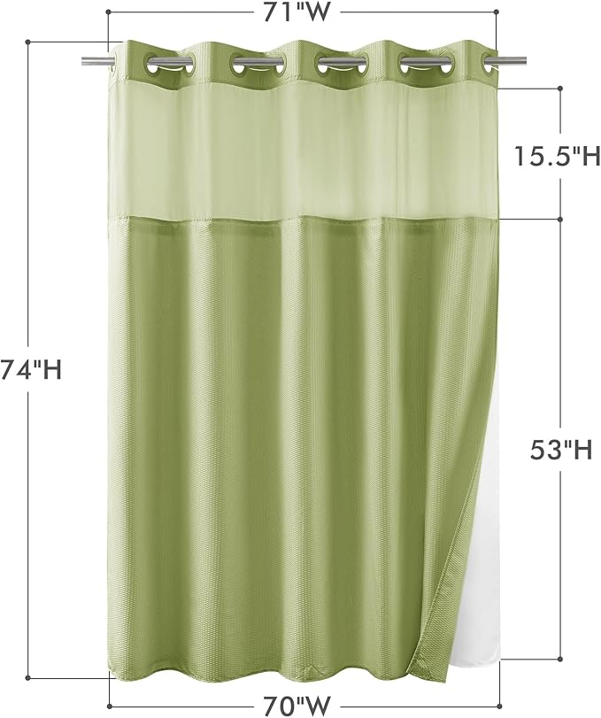 Mrs Awesome No Hook Shower Curtain with Snap-in Liner, Embossed Waffle Design Fabric Shower Curtain for Bathroom, Soft & Lightweight, 71x74, Sage Green