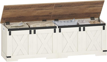 59" Storage Chest, Large Storage Trunk with 2 Hinges, Farmhouse Wooden Box Bench, Lift-Top Organizer Chest, Entryway Trunk for Bedroom, Living Room, White and Brown SB15014X