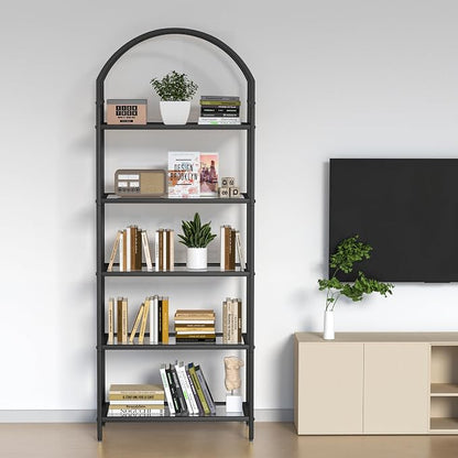 Homhedy Bookshelf Arched Display Racks,Metal Bookcase,Tempered Glass Shelves,Storage Rack Shelf for Home Office,Living Room,Bedroom, Bathroom,Modern Style (Black, 11.8" D x 23.6" W x 62.2" H)