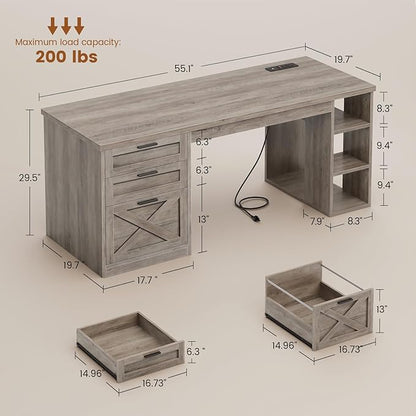 SEDETA 55.1" Executive Computer Desk with 3 Drawers, Farmhouse Office Desk with File Drawer & Storage Shelves, Executive Desk with Power Outlet for Home Office, Grey