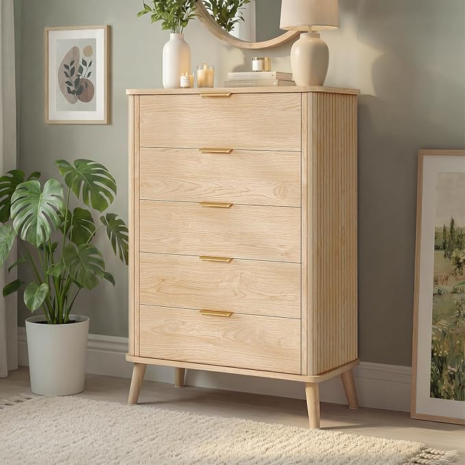 ADORNEVE Fluted Dresser for Bedroom,Tall Modern Chest of Drawers with 5 Drawers, Vertical Dressers,Wood Closet Clothes Storage Organizer for Living Room, Hallway, Natural Oak
